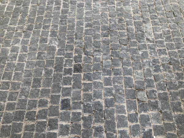 パースペクティブ ビュー単調な灰色のレンガ石舗装通りの道路のための地面 歩道舗装 緑の草 — ストック写真