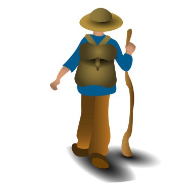  Sırt çantalı bir gezgin. Bir turist elinde sopayla ormanda yürüyor. Dağlar. Bir adamın vektör düz çizimi 