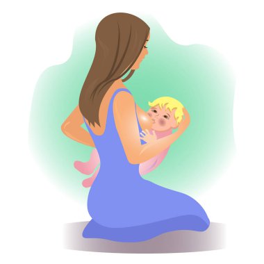 Bir kadın çocuğunu emziriyor. Bebekli genç anne. Vektör düz ilüstrasyon. Anneler Günü. Anne sütünün faydaları.