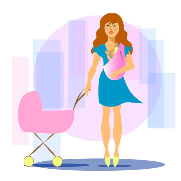 Una giovane madre con un passeggino e un bambino. Una donna tiene un bambino tra le braccia. illustrazione piatta vettoriale in delicati toni pastello.. — Vettoriale Stock