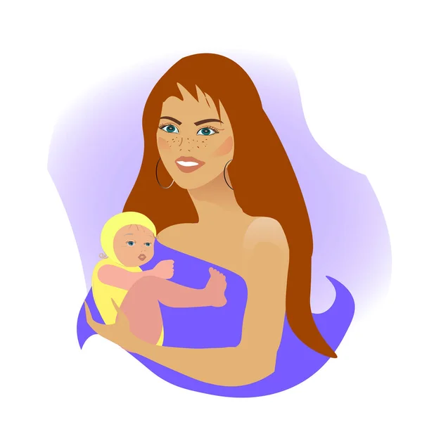 Mädchen umarmt sanft Sohn Tochter. Eine Frau stillt ein Kind. Junge Mutter mit Baby. Vektor flache Abstraktion. Mütter — Stockvektor