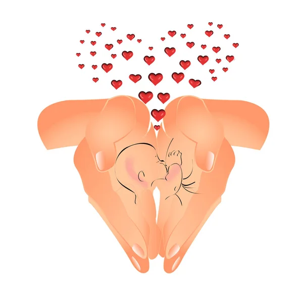 Bebé en las palmas. vector ilustración de las manos sobre un fondo blanco.Moms Day .Baby recién nacido duerme chupa leche materna — Vector de stock