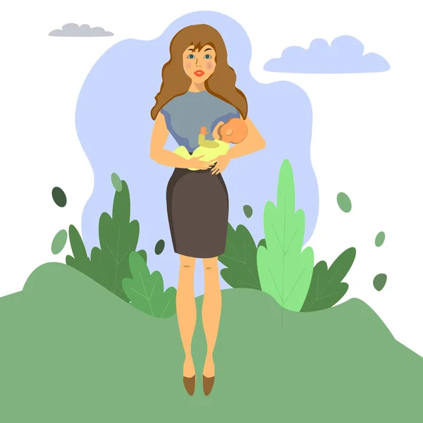 Stillen. Mutter füttert Baby-Muttermilch. Vektor flache Illustration im Cartoon-Stil. Frau mit Neugeborenem im Hintergrund der Natur — Stockvektor