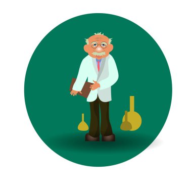 Profesör yaşlı bir erkek çizgi film karakteri doktoru. Beyaz cüppeli bilim adamının ikonu. - Evet. Vektör düz resimleme.