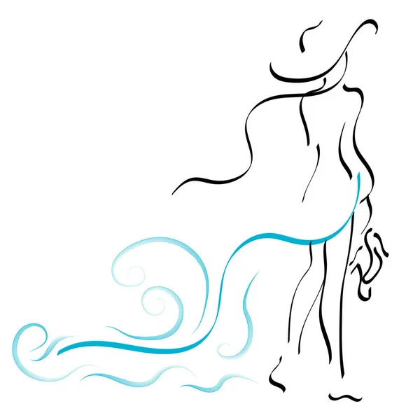 Ragazza in mare. donna romantica con cappello e piedi nudi. Sto tenendo le scarpe. Sea Blue Waves Vector Line Illustrazione artistica. — Vettoriale Stock