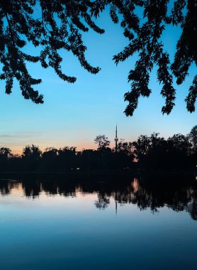 Toronto üzerinde gün batımı CN Kulesi, ufuk çizgisi ve altın akşam ışığı ile.