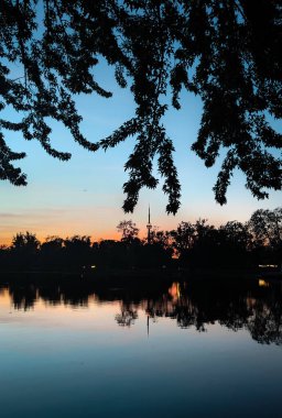 Toronto üzerinde gün batımı CN Kulesi, ufuk çizgisi ve altın akşam ışığı ile.