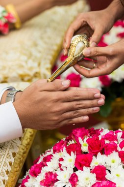 Refah Tay düğün töreni sulama. Yaşlı su dökme ve mutlu evli çift nimet. Kabuklu deniz hayvanı kabuğu altın ile dekore edilmiştir. Su içinde ve yandan döktü.