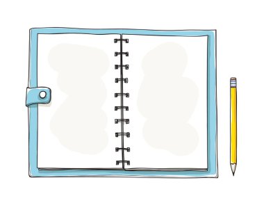 Not defteri elle çizilmiş açıldı. Beyaz arka plan üzerinde boş not defteri. Çizimler ve işaretler tanıtımı için uygulanabilir. illüstrasyon