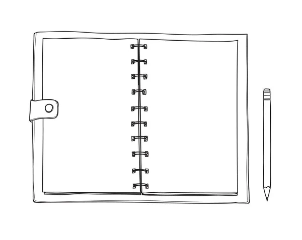 打开笔记本手画 白色背景上的空白记事本 适用于草图和标志的展示 线条艺术插图 — 图库矢量图片