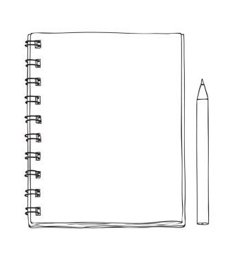Not defteri boş kağıt ve kalem elle çizilmiş hat sanat vektör çizim