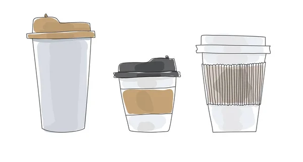 Kaffekoppar att gå papper hand dras konst söt vektor illustration — Stock vektor