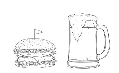 hamburger ve bira. gözlük kupalar el çizilmiş stil çizgi sanat Vect