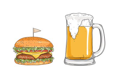hamburger ve bira. gözlük el çizilmiş stil sanat Vektör illustr