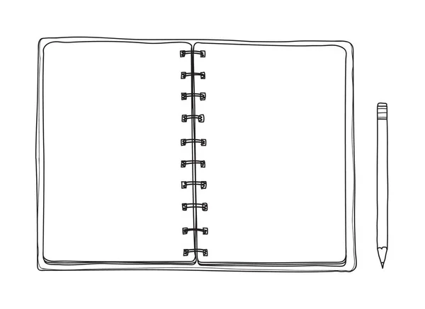 Cuaderno abierto dibujado a mano. Cuaderno en blanco sobre fondo blanco. A — Vector de stock
