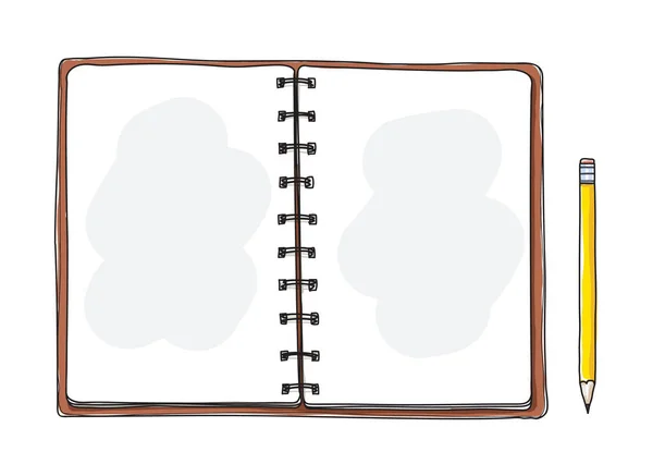 Cuaderno abierto marrón dibujado a mano. Bloc de notas en blanco sobre fondo blanco — Vector de stock