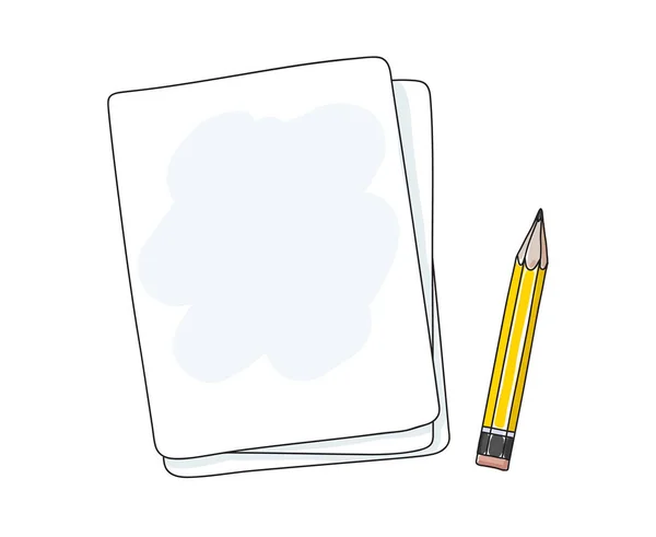 Cuaderno de notas de papel y lápiz amarillo dibujado a mano arte vector illu — Vector de stock