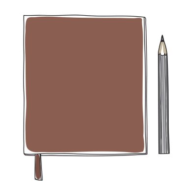 Kahverengi deri defter ve siyah kalem el çizimi vektör şirin illüstrasyon