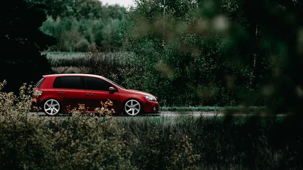 Red Tuned Car Road Green Forest — Stock Photo, Image