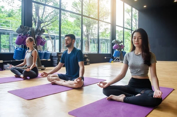 Młodzi Praktykujący Jogę Grupie Uprawiający Jogę Nowoczesnej Klasie Fitness Pomieszczeniach — Zdjęcie stockowe