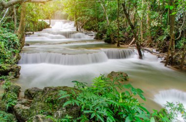 Tropikal yağmur ormanlarındaki güzel şelaleye, Kanchanaburi, Tayland 'daki doğal parktaki derenin yumuşak suyuna seyahat edin..