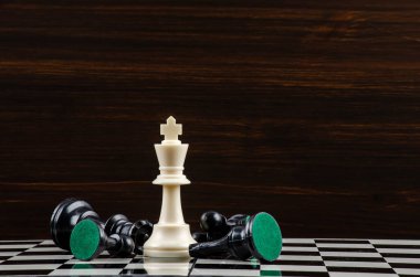 Kral ve Şövalye karanlık arka planda satranç oyununu kazanıyor. Başarı için lider ve takım çalışması konsepti. Satranç konsepti kralı ve stratejiyi kurtarır..