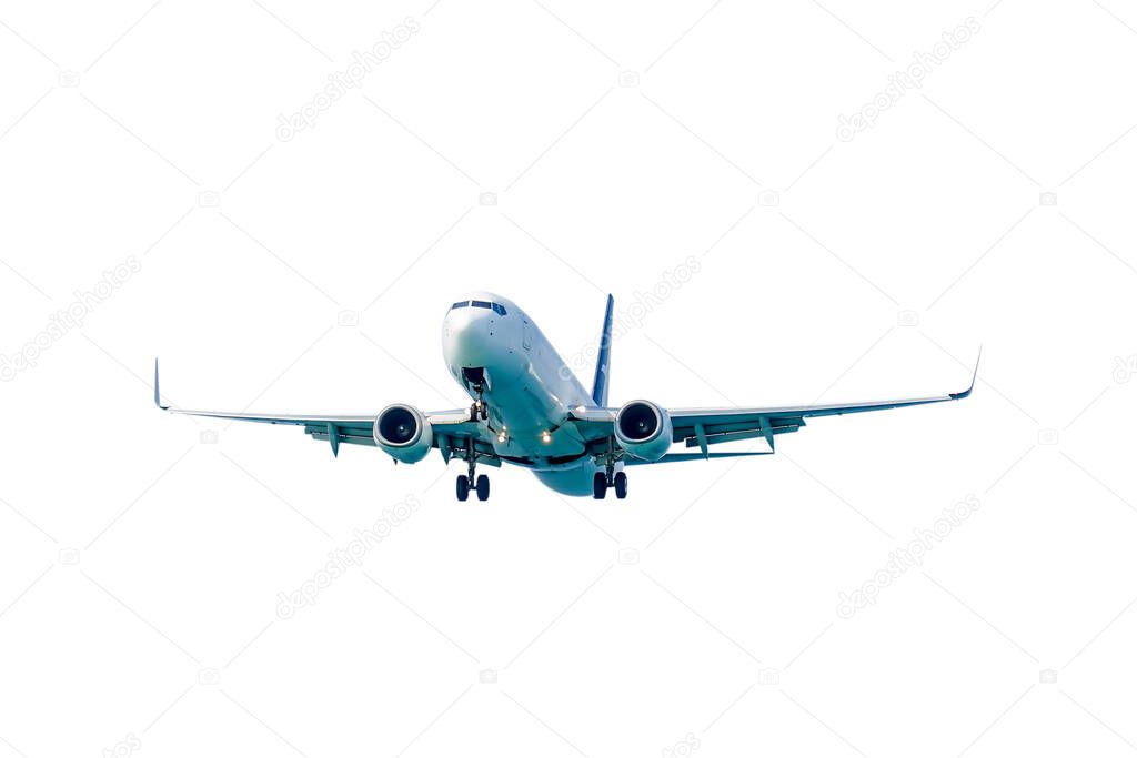 Passenger plane in flight. Aircraft fly high in the isolate white background. Front view of airplane.