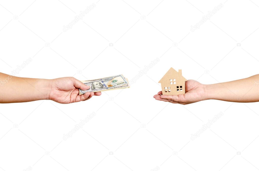 House and money in the hands of investors.Save money for buying a new home and borrowing money to plan the real estate investment in the future on white background. There is space for entering text.