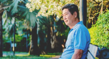 Asyalı kıdemli beyefendi, güneşli bir günde, bir parkta dinlenirken ahşap bir bankta oturup düşünürken...