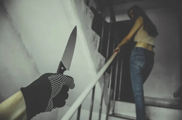 Unknown Criminal Guy Knife Young Girl Stair She Walking Room — Stock Photo, Image