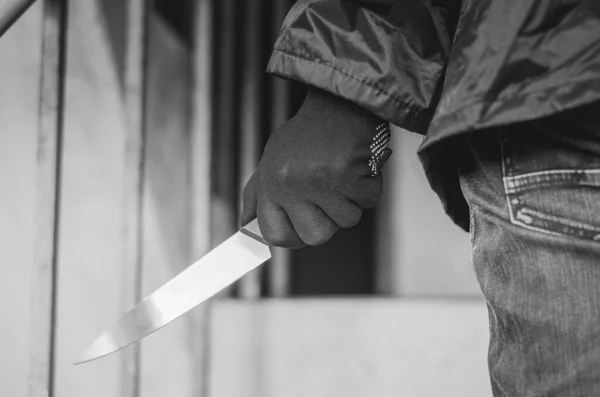 Bandit Wearing Mask Walking Stairs Knife Loot Focus Knife — Stock Photo, Image