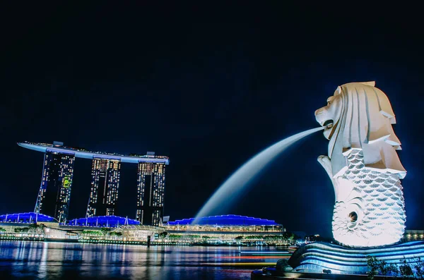 Marina Bay Singapur Nov 2018 Fuente Merlion Frente Hotel Marina —  Fotos de Stock