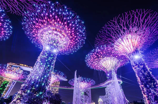 Singapore November 2018 Night View Supertrees Gardens Bay Szerű Szerkezetek — Stock Fotó