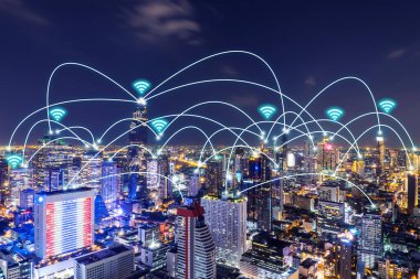 Kablosuz ağ ve bağlantı teknolojisi konsepti ile güzel bir panorama şehri, İnternet küreselleşme konsepti