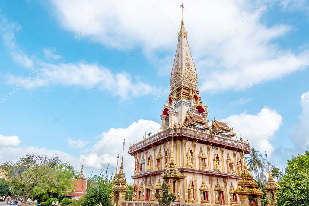 Pagoda in Wat Chaiyathararam or Wat Chalong Temple where is largest and most revered Buddhist temple as one of Phuket's most important temple in thailand, public place.
