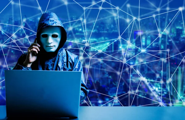 Anonymous Computer Hacker White Mask Hoodie Obscured Dark Face Using — Stock Photo, Image