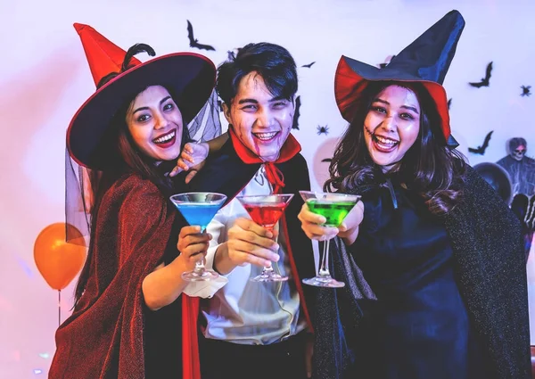 Asian Happy Friends Sitting Sofa Costumes Makeup Celebration Halloween Drinking — Stock Photo, Image