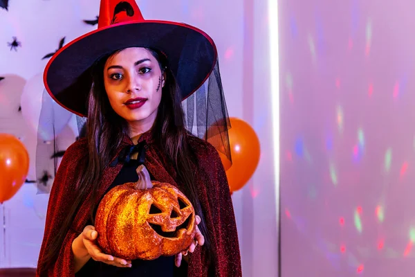 Asian Woman Dressed Halloween Witch Costume Attractive Young Women Holding — Stock Photo, Image
