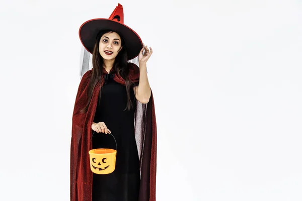 Chica Fiesta Halloween Hermosa Mujer Joven Con Sombrero Brujas Vestido — Foto de Stock