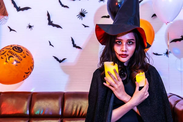 Asian Young Girl Witch Costume Holding Candle Having Fun Halloween — Stock Photo, Image