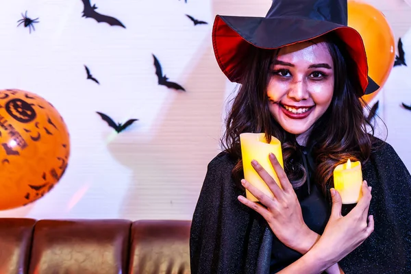 Asian Young Girl Witch Costume Holding Candle Having Fun Halloween — Stock Photo, Image