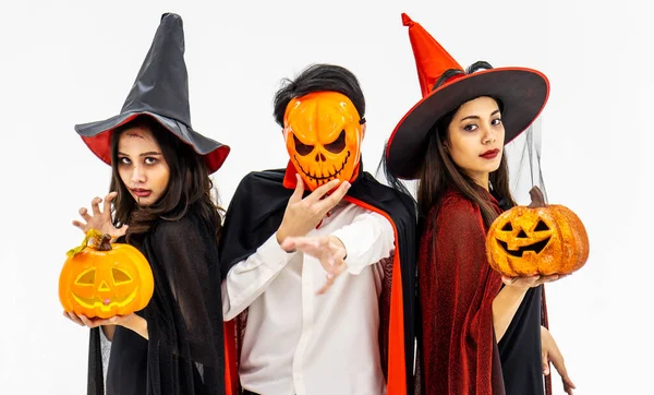 Three Young People Dressed Different Costumes Holding Pumpkin Halloween Isolated — Stock Photo, Image