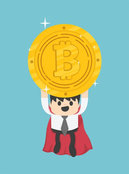 Concept Businessman Superhero Superman Flying Bitcoin — Stock Vector