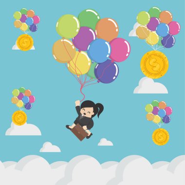 Başarılı işkadını başarı sky.with balonlar içinde sürüklenen kavramı