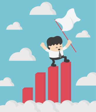 İş adam ayakta bir bayrak onun başarılı stok grafik üzerinde tutan.