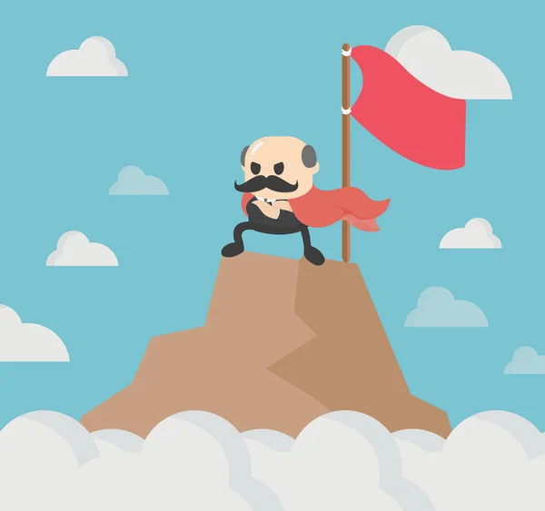 卡通超级英雄站在斗篷在风中飘扬 成功的英雄商人成功的旗子站立在山顶 — 图库矢量图片
