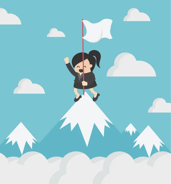 愉快的女商人拿着成功旗子站立在山顶在山向量动画片平的字符隔绝 — 图库矢量图片