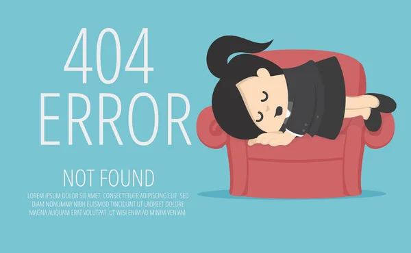 女商人睡在沙发上 疲劳和显示关于页面的意图未找到错误404 — 图库矢量图片