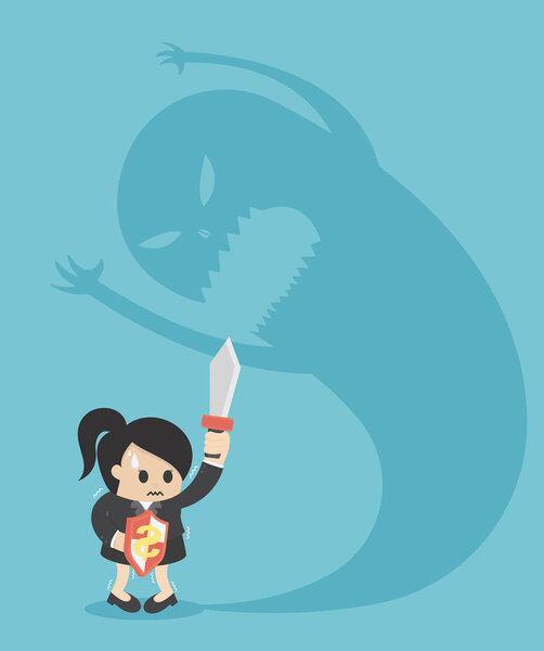 business woman person afraid of a big monster shadow
