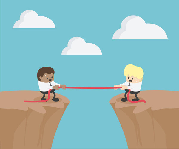 Конкурс концепции. Деловые люди. Бизнесмен в костюме тянет веревку символ соперничества на скале
